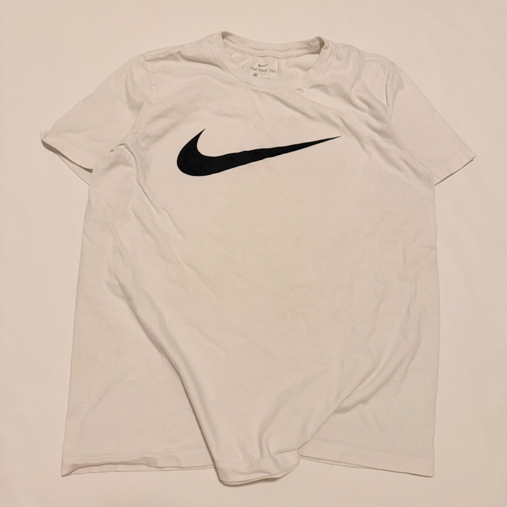 Nike T-Shirt Mens Large White Black Swoosh Graphic Logo Short Sleeve Tee